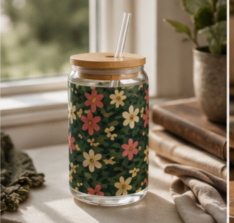 16oz Floral Sipper Glass - Tropical Pink & Cream Daisy Tumbler with Bamboo Lid