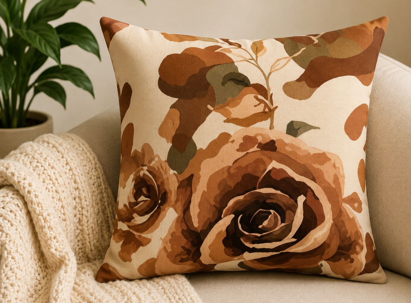 Camouflage Rose Throw Pillow — Neutral Floral Decorative Pillow