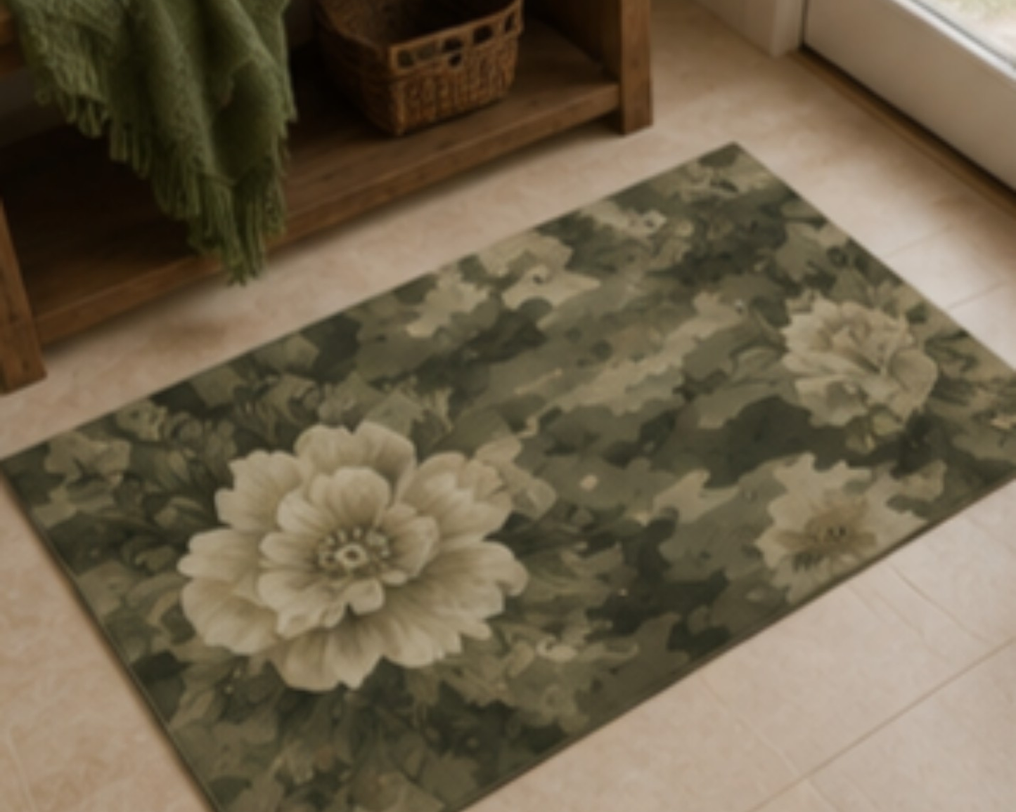 Camouflage Floral Outdoor Rug — Vintage Green Camo Patio Mat