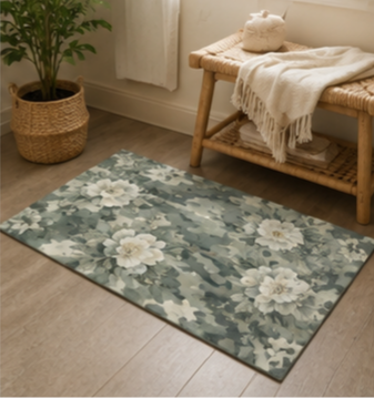 Floral Camouflage Area Rug — Soft Blue Grey Vintage Rose Accent Rug