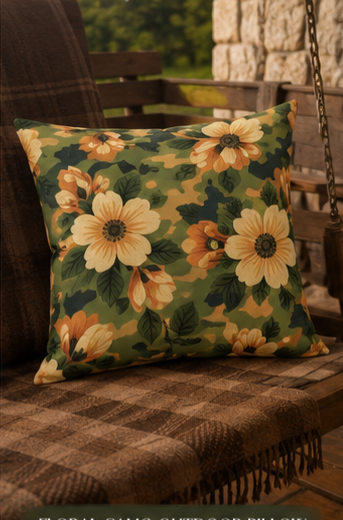 Sunflower Camo Outdoor Pillow — Rustic Floral Garden Throw