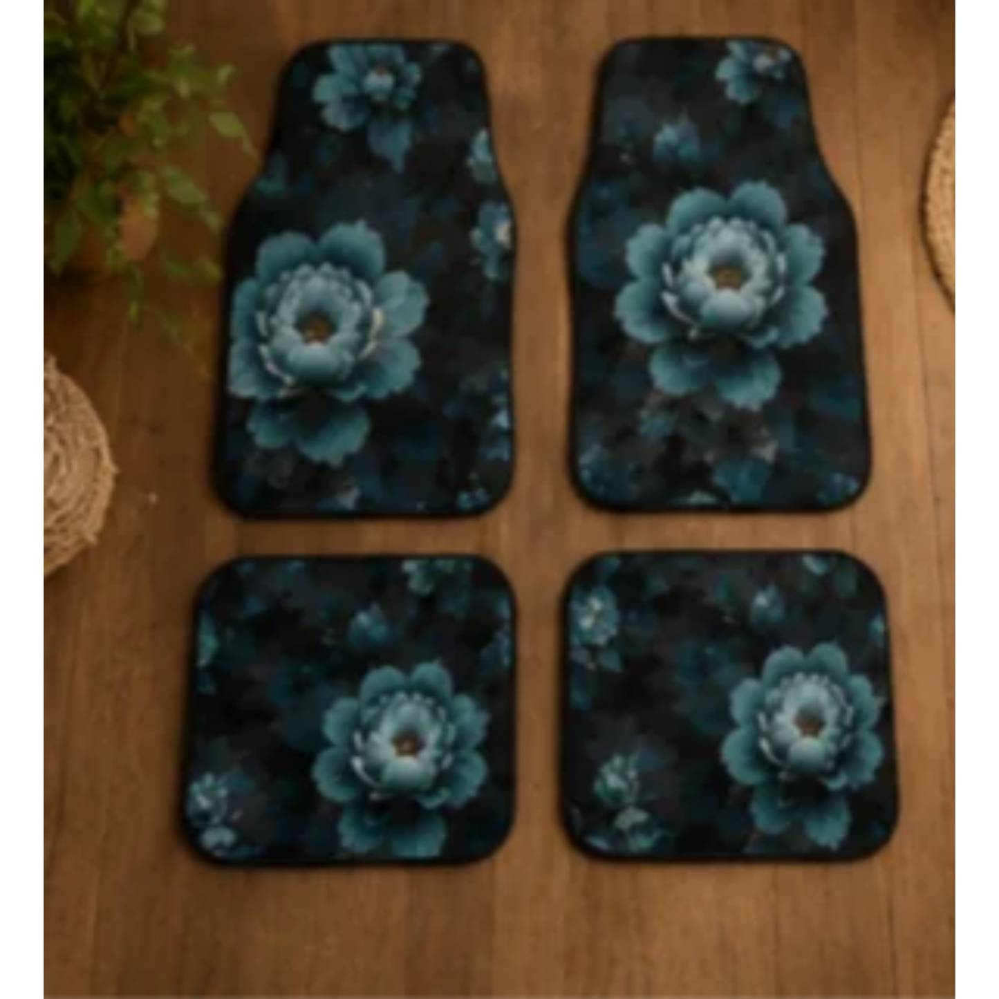 Floral Teal Peony Car Mats (Set of 4) - Decorative Non-Slip Auto Floor Mats