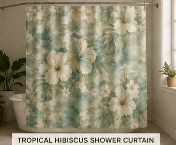 Tropical Hibiscus Shower Curtain — Soft Green Floral Bath Decor