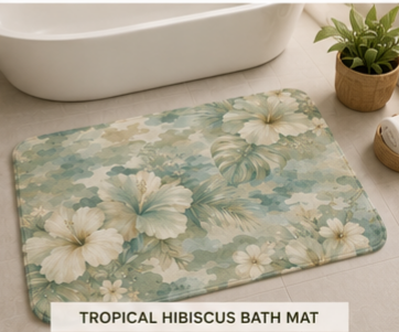 Tropical Hibiscus Bath Mat — Coastal Floral Bathroom Rug