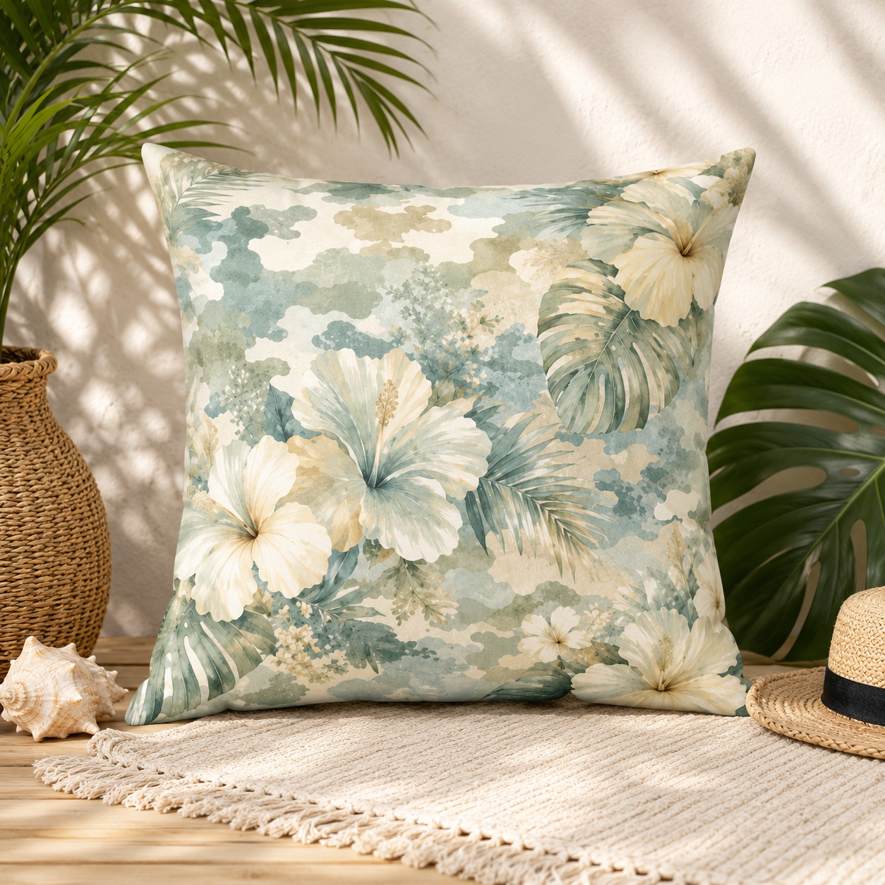 Tropical Hibiscus Decorative Pillow — Coastal Floral Square Throw Pillow