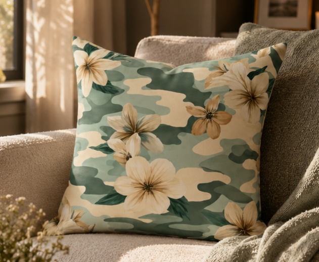 Floral Camo Square Pillow — Green Camouflage Hibiscus Decorative Throw Pillow