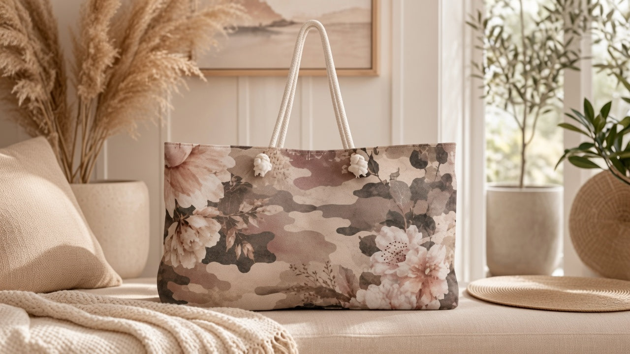 Floral Camo Weekender Bag – Neutral Botanical Travel Tote