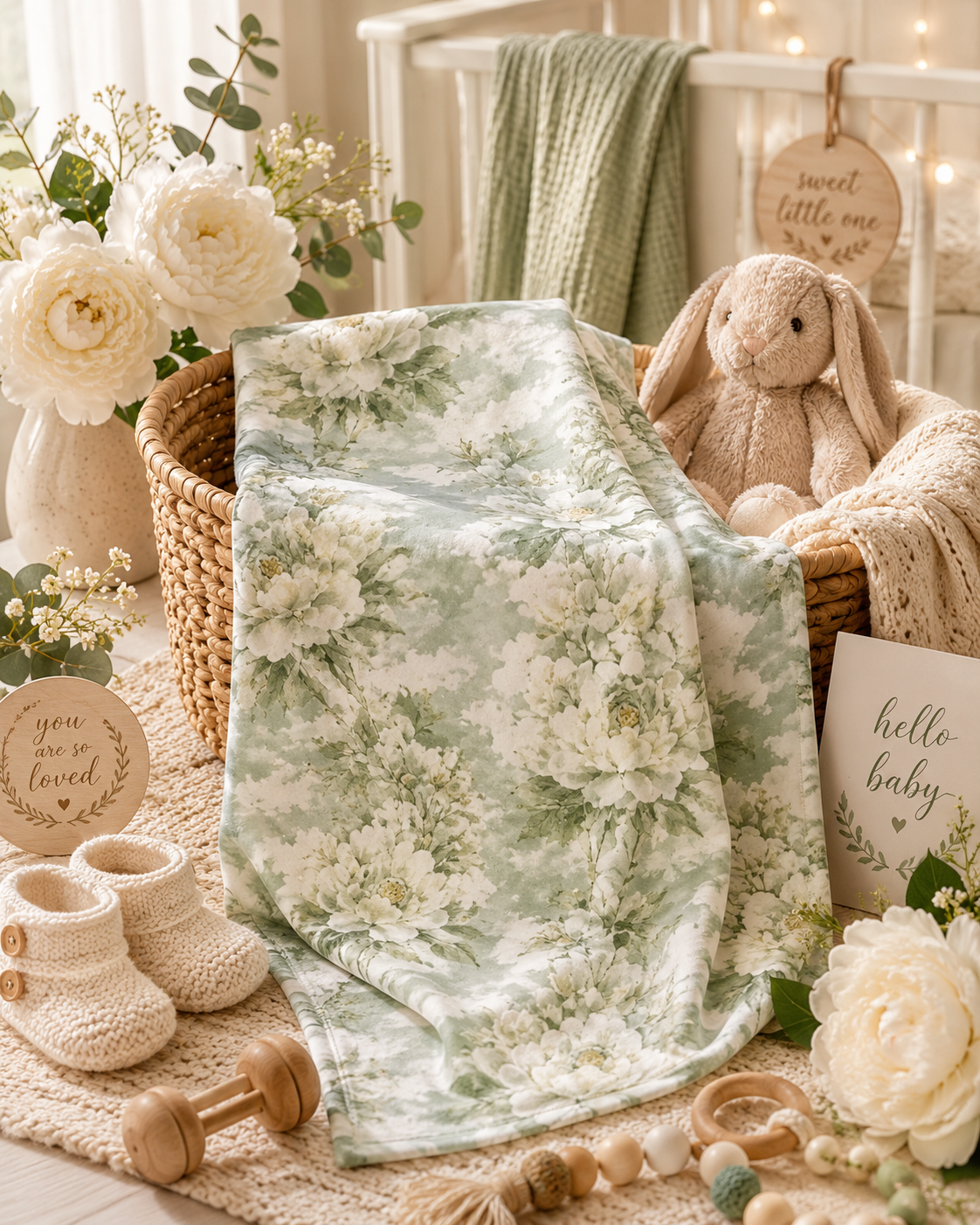 Floral Peony Baby Swaddle Blanket – Soft Mint Watercolor Nursery Wrap
