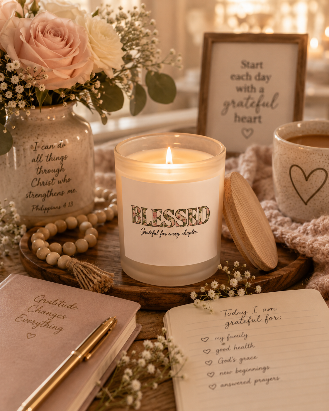 Blessed Frosted Glass Candle — "Blessed: Grateful for Every Chapter" (11 oz)