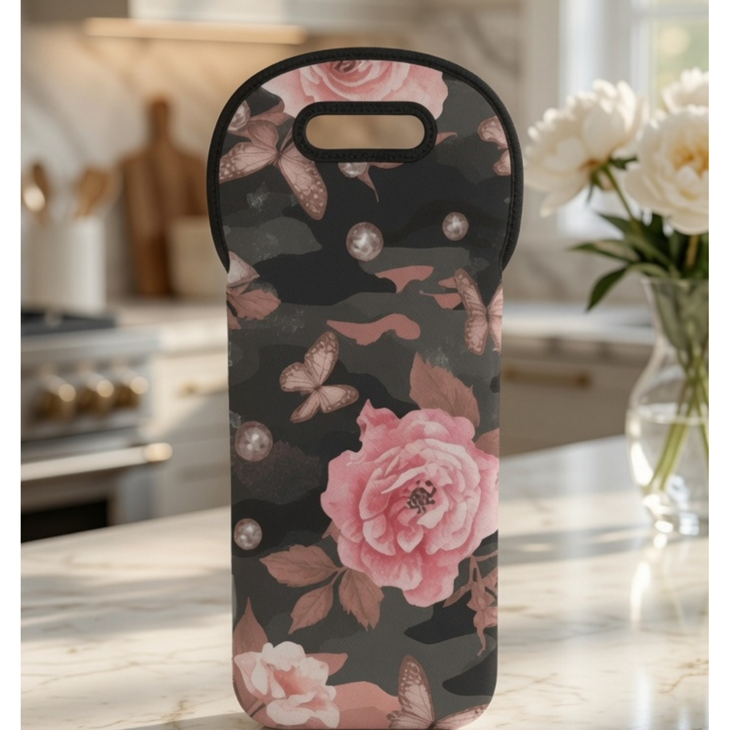 Floral Rose Wine Tote Bag - Neoprene Insulated Bottle Carrier