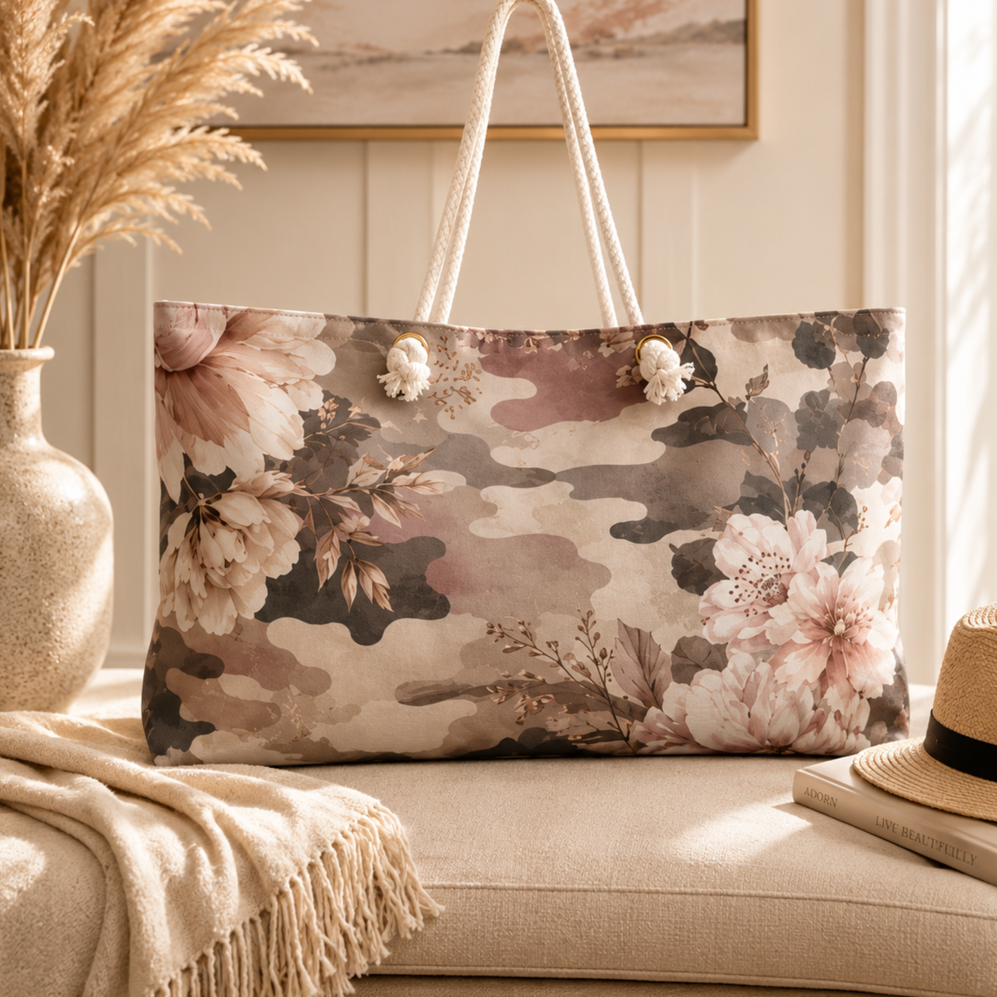 Floral Camo Weekender Bag – Neutral Botanical Travel Tote