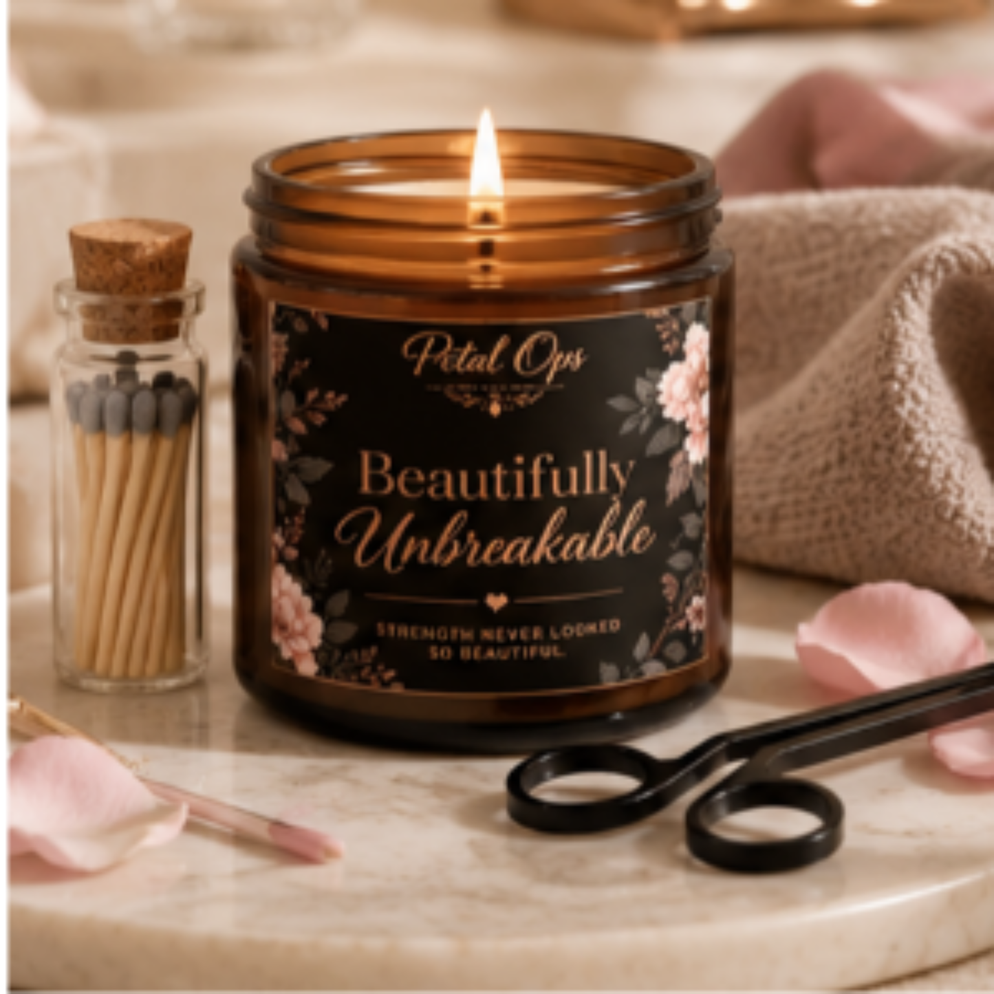 Inspirational Scented Candle Set — “Strength Never Looked So Beautiful” with Matches & Wick Trimmer