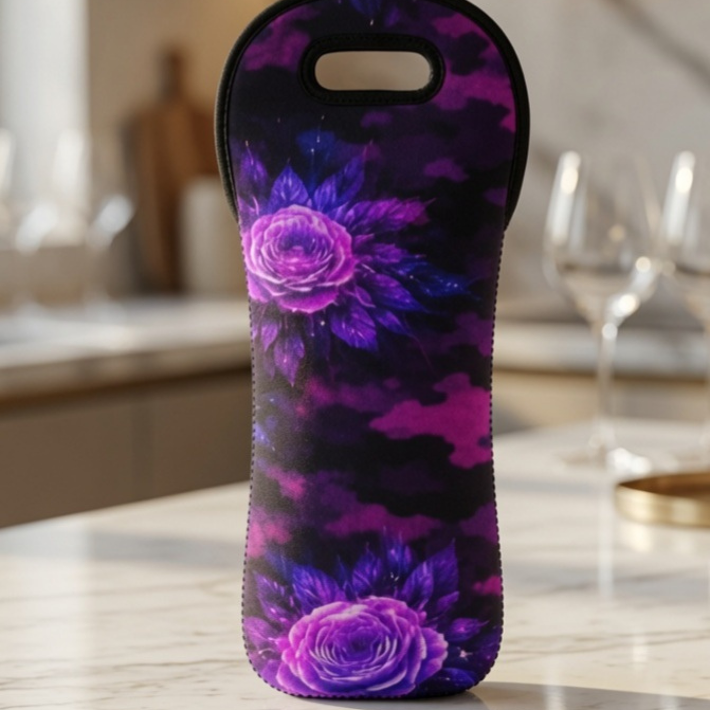Neoprene Wine Tote - Purple Floral Galaxy Bottle Carrier