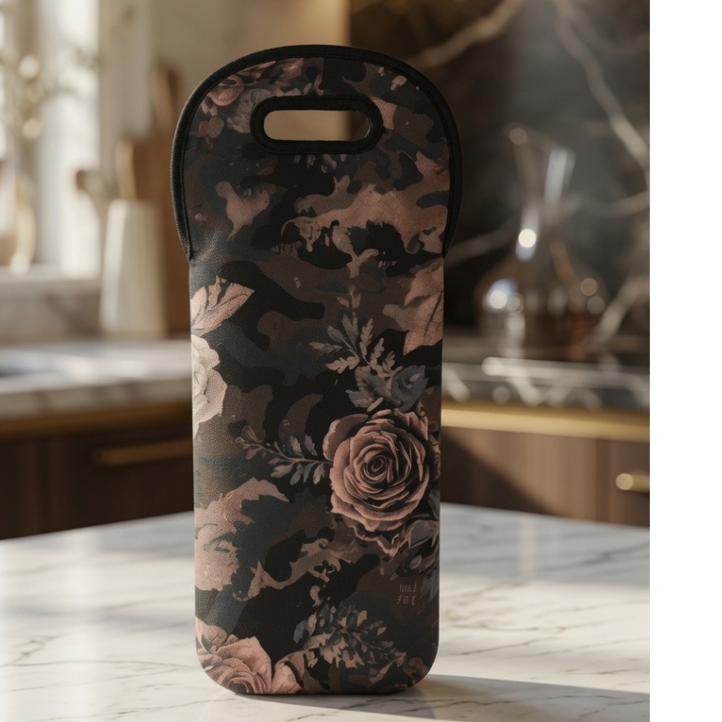 Floral Camo Wine Tote Bag — Insulated Bottle Carrier, Vintage Pink Blossom Design