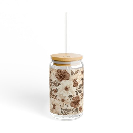 Floral Vintage Sipper Glass (16oz) — Rustic Brown Boho Flower Tumbler with Straw