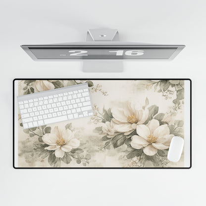 Floral Magnolia Desk Mat — Large Vintage Botanical Mouse Pad