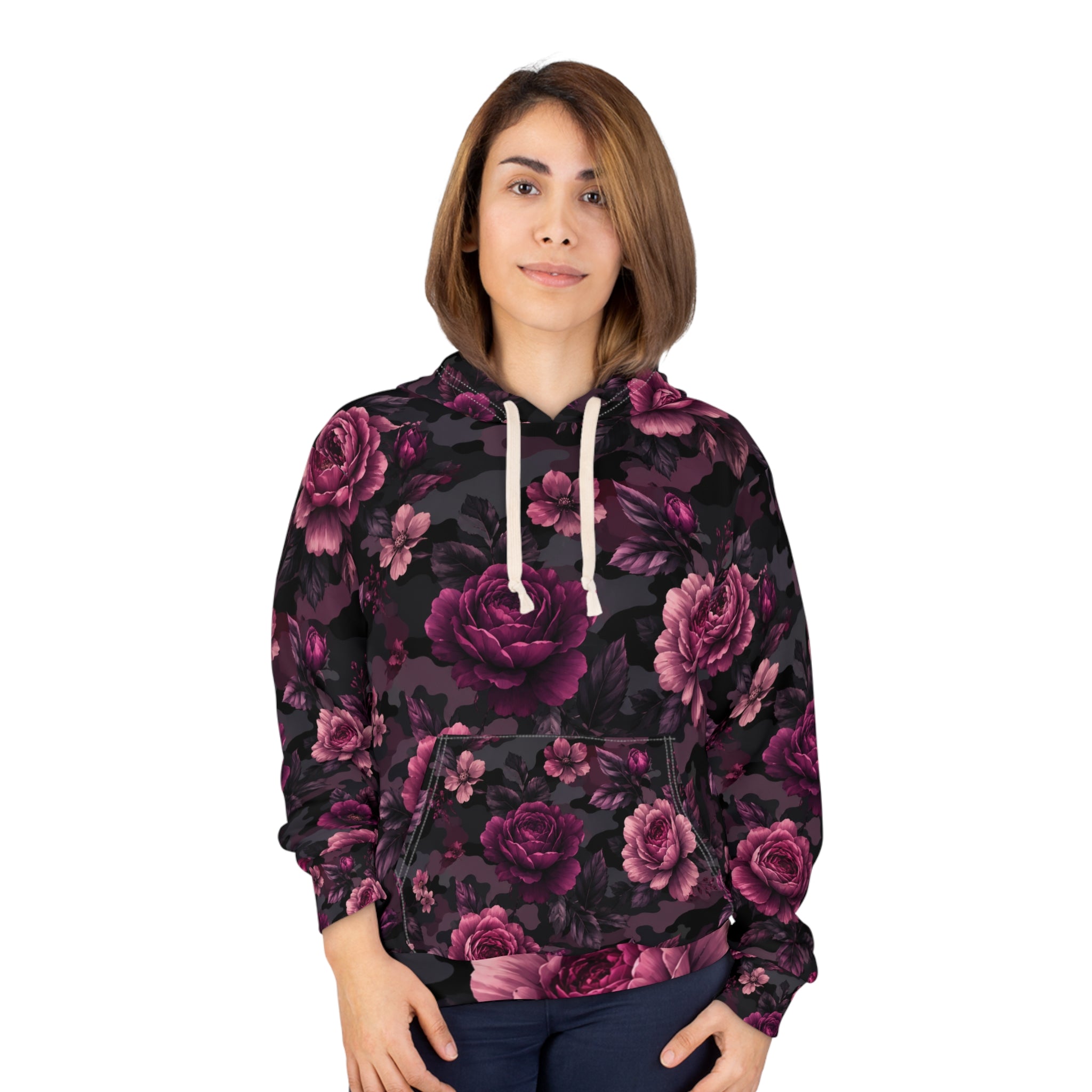 Floral Camo Hoodie — Dark Rose All-Over-Print Pullover