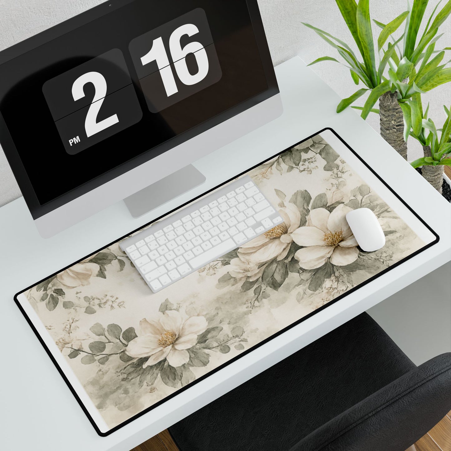 Floral Magnolia Desk Mat — Large Vintage Botanical Mouse Pad