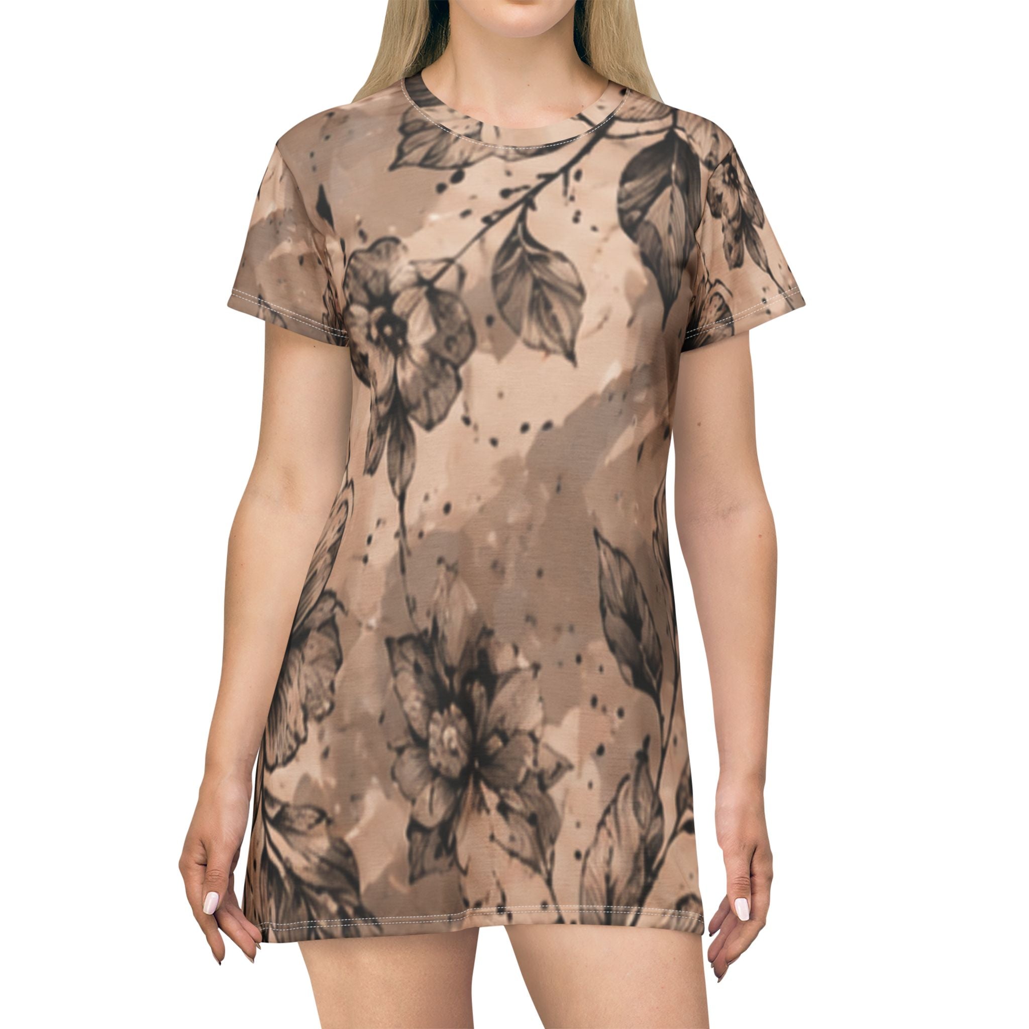 Floral Camo T-Shirt Dress — Pink Rose All-Over Print