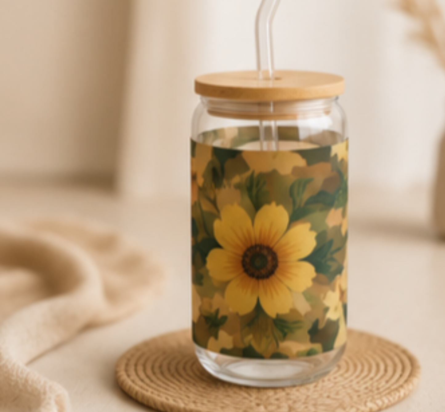 Sunflower Camo Sipper Glass — 16oz Floral Mason Jar Tumbler with Straw