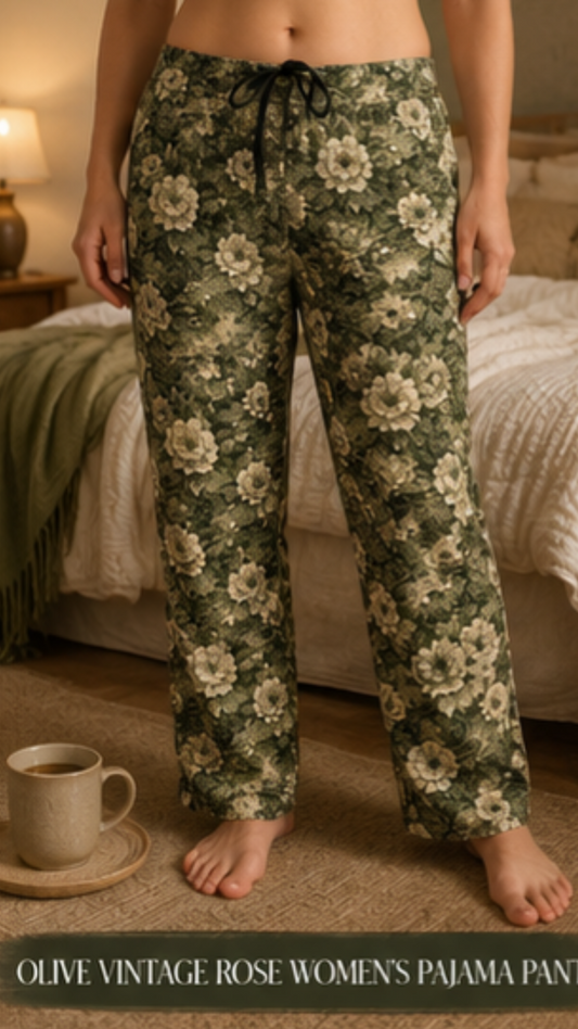 Olive Vintage Rose Women's Pajama Pants — Floral Lounge Sleepwear