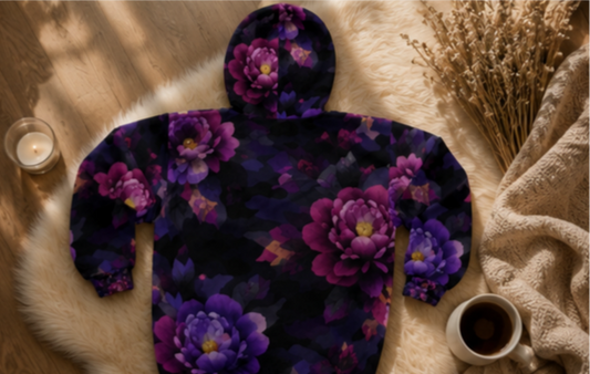 Floral Nightfall Hoodie — Purple Garden All-Over Print