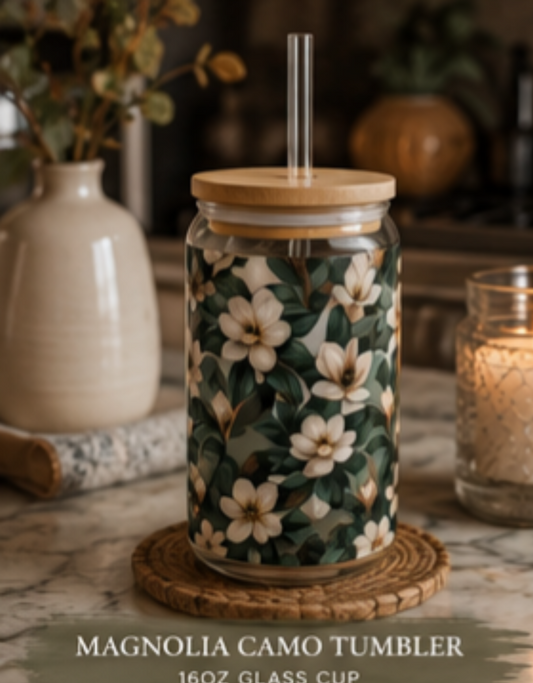 16oz Floral Sipper Glass with Bamboo Lid – Magnolia Drink Tumbler