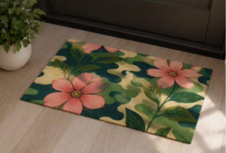 Floral Camouflage Outdoor Rug — Pink Flowers on Green Camo Patio Mat
