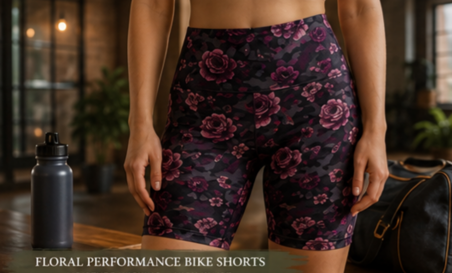 Floral Performance Bike Shorts — Burgundy Rose All-Over Print