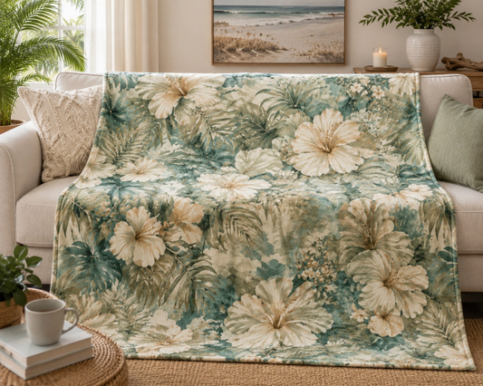 Tropical Hibiscus Velveteen Plush Blanket — Soft Floral Throw for Coastal Decor & Gift