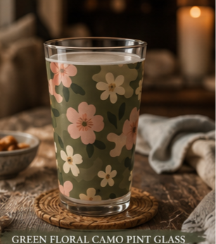 16oz Floral Pint Glass — Vintage Olive & Blush Flower Beer Glass