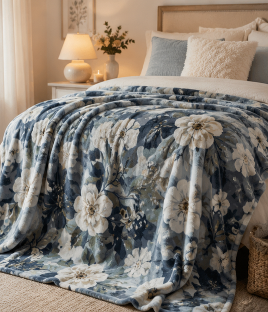 Velveteen Plush Blanket — Blue Camouflage Floral Cozy Throw