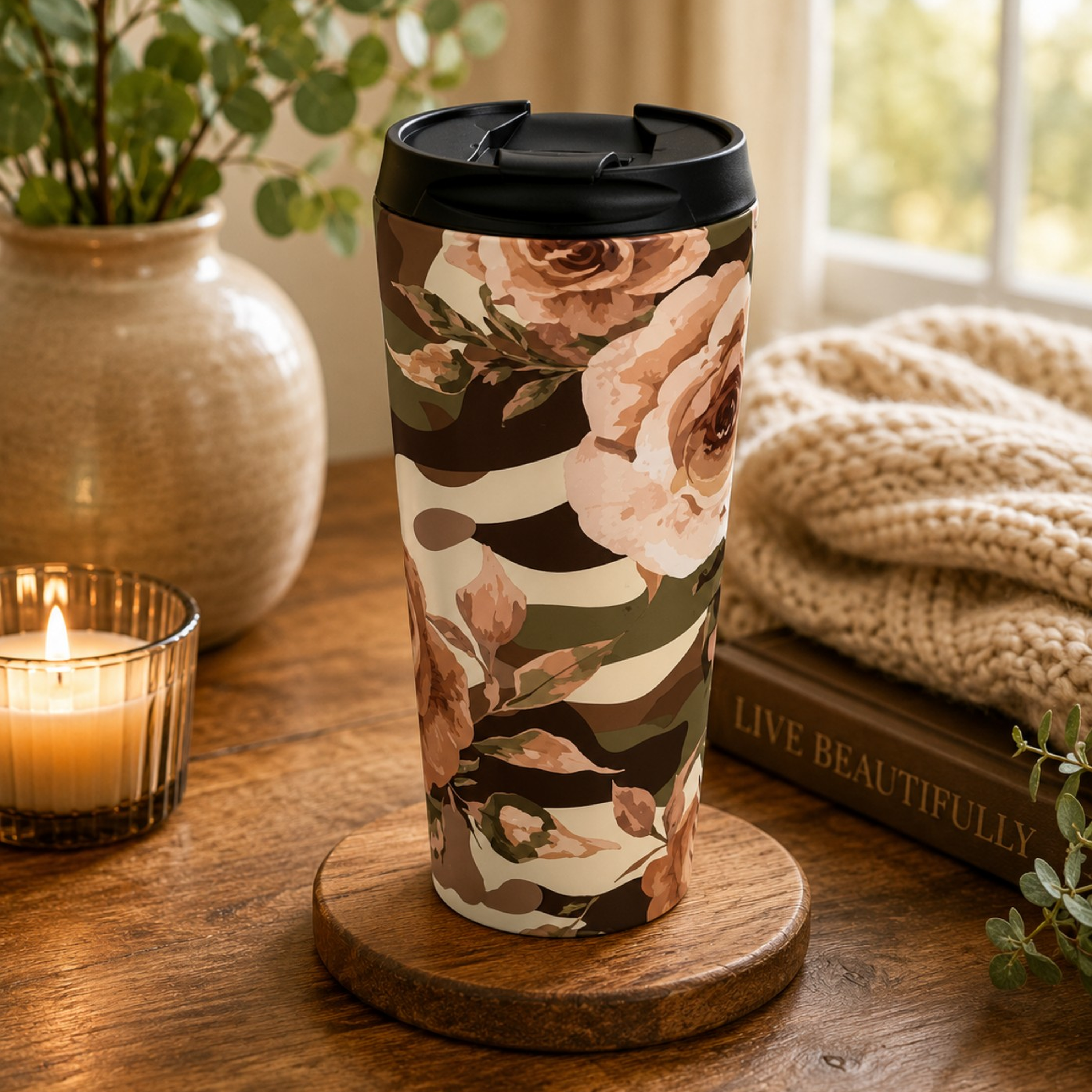 Floral Camo Stainless Steel Travel Mug — Rose Camo Insulated Coffee Tumbler