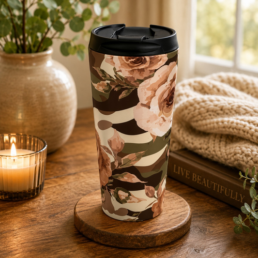 Floral Camo Stainless Steel Travel Mug — Rose Camo Insulated Coffee Tumbler