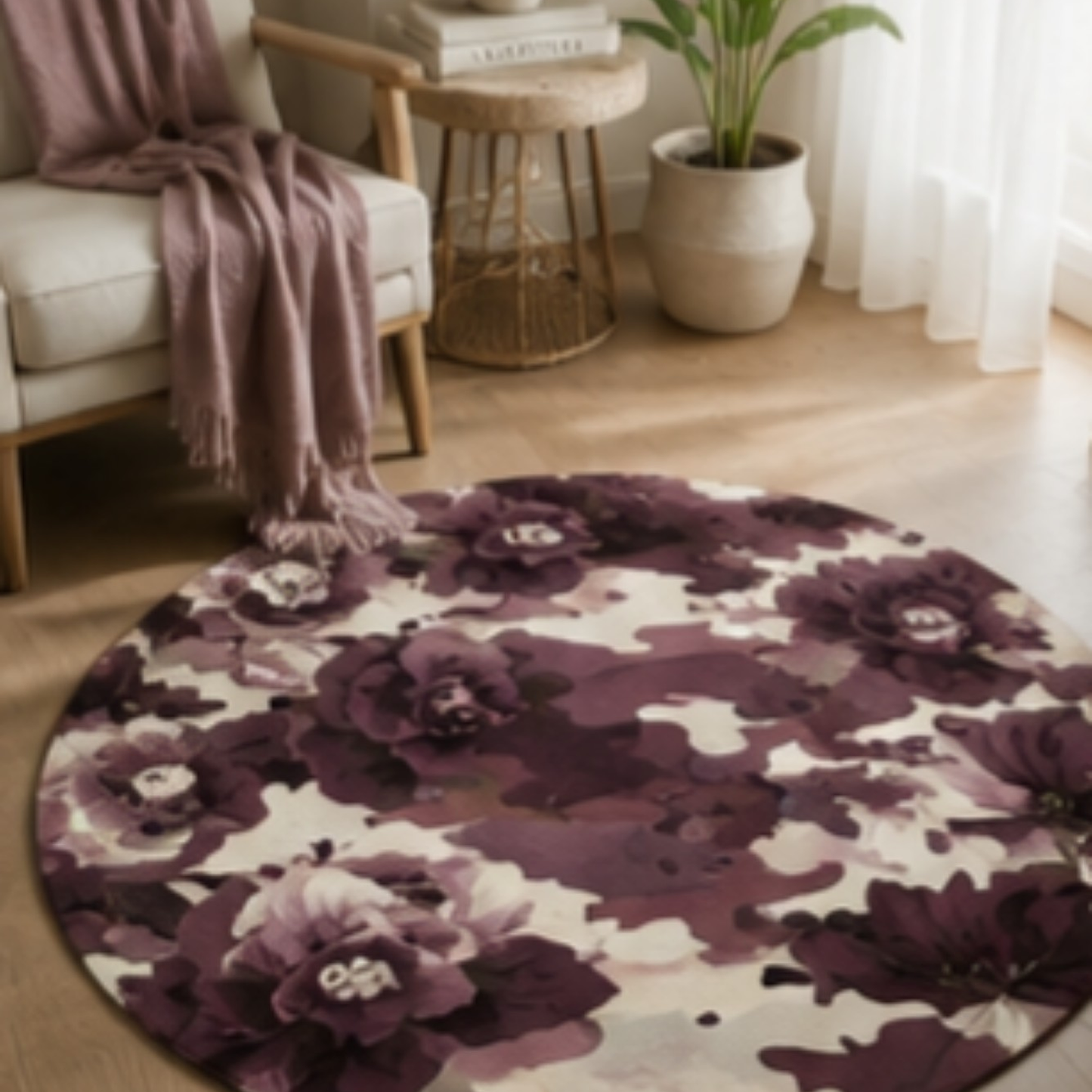 Floral Camo Round Rug — Blush Pink Camouflage Accent Mat