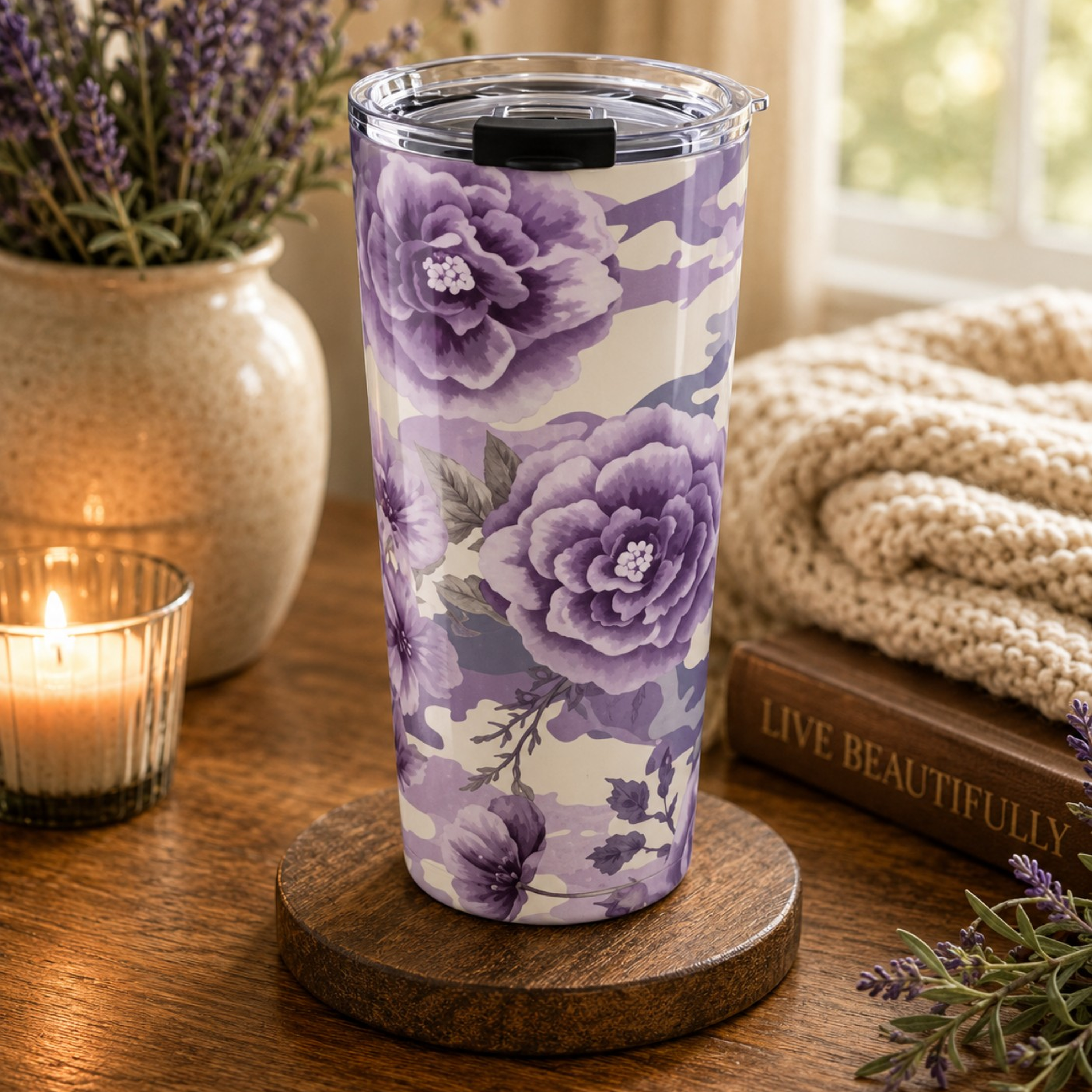 20oz Lavender Floral Camo Tumbler — Insulated Travel Cup