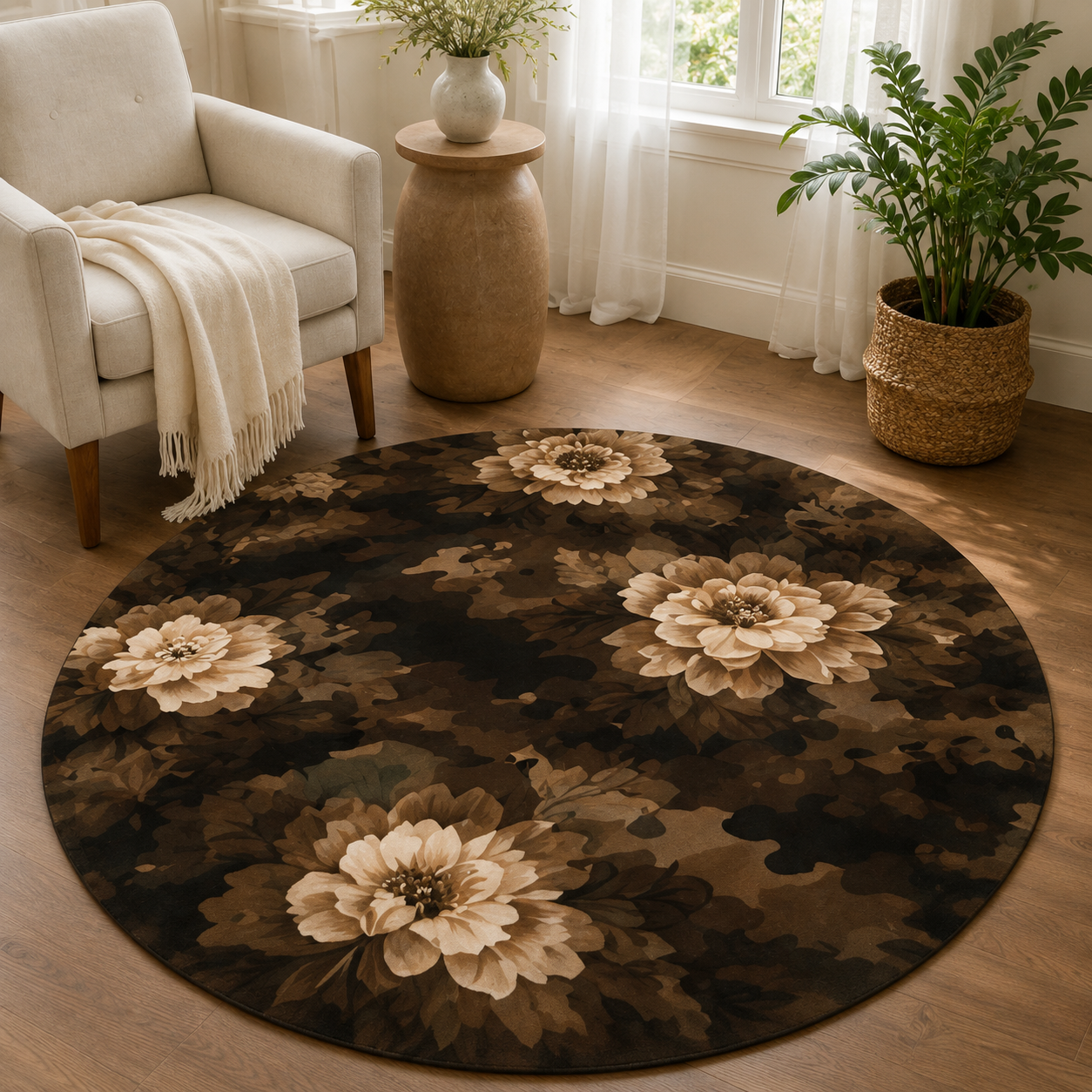 Vintage Sepia Floral Camo Round Rug