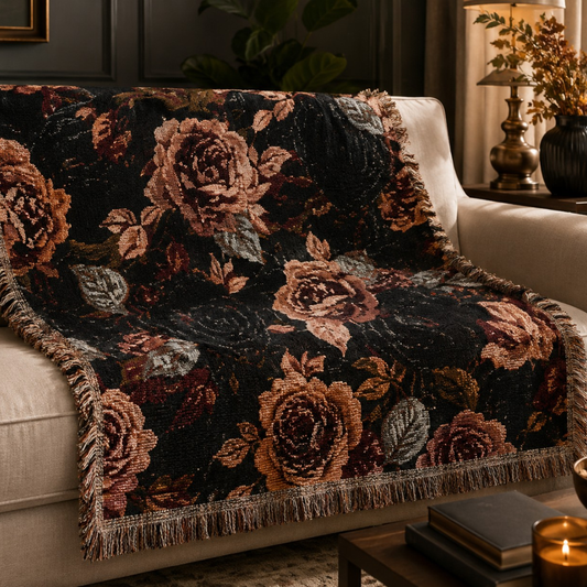 Velveteen Plush Blanket - Vintage Dark Floral Camouflage Throw for Cozy Home Décor