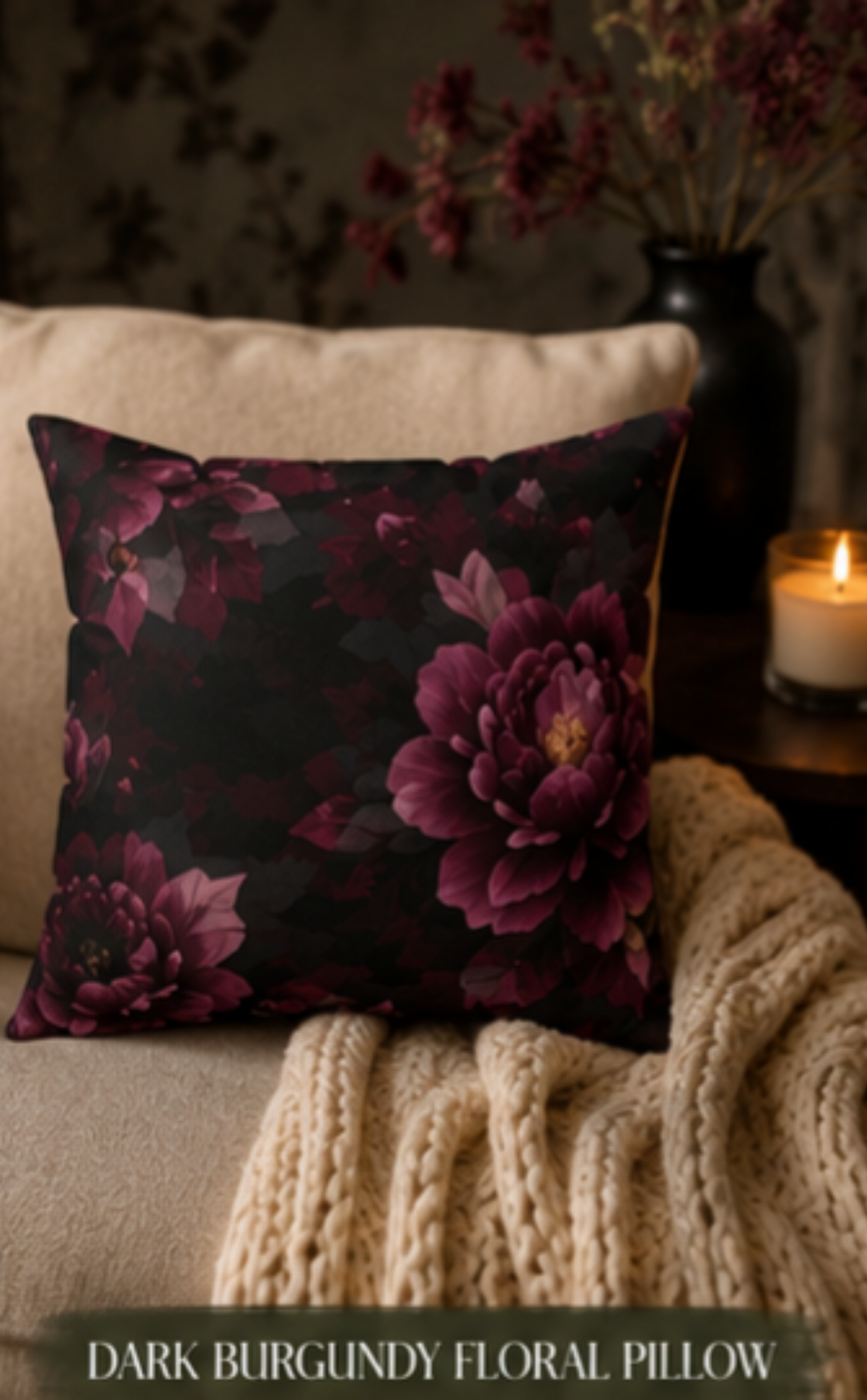 Dark Burgundy Floral Pillow - Moody Peony Decorative Throw Cushion