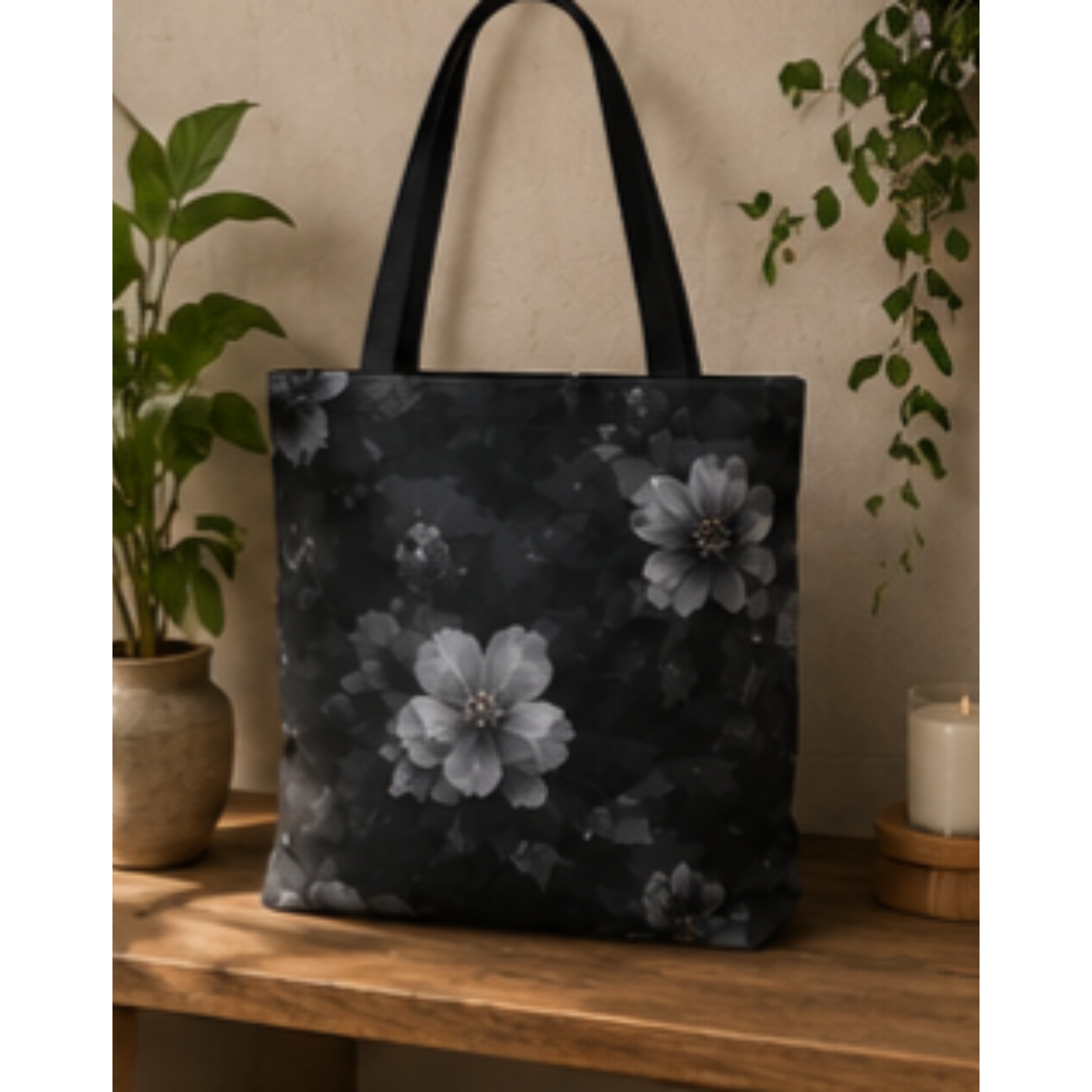 Floral Black & Gray Tote Bag – Monochrome Bloom All-Over Print