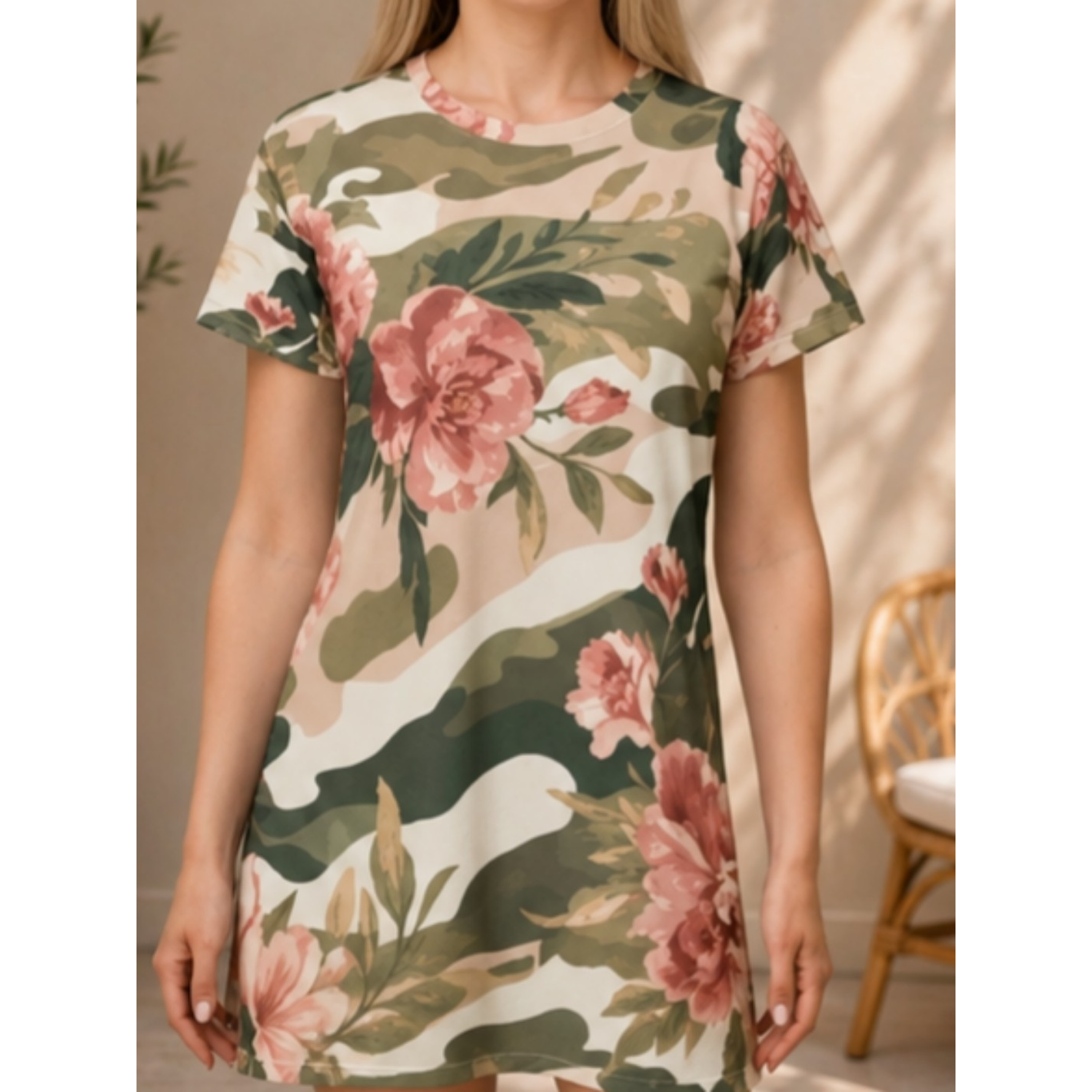 Floral Camo T‑Shirt Dress — Pink Rose All‑Over Print