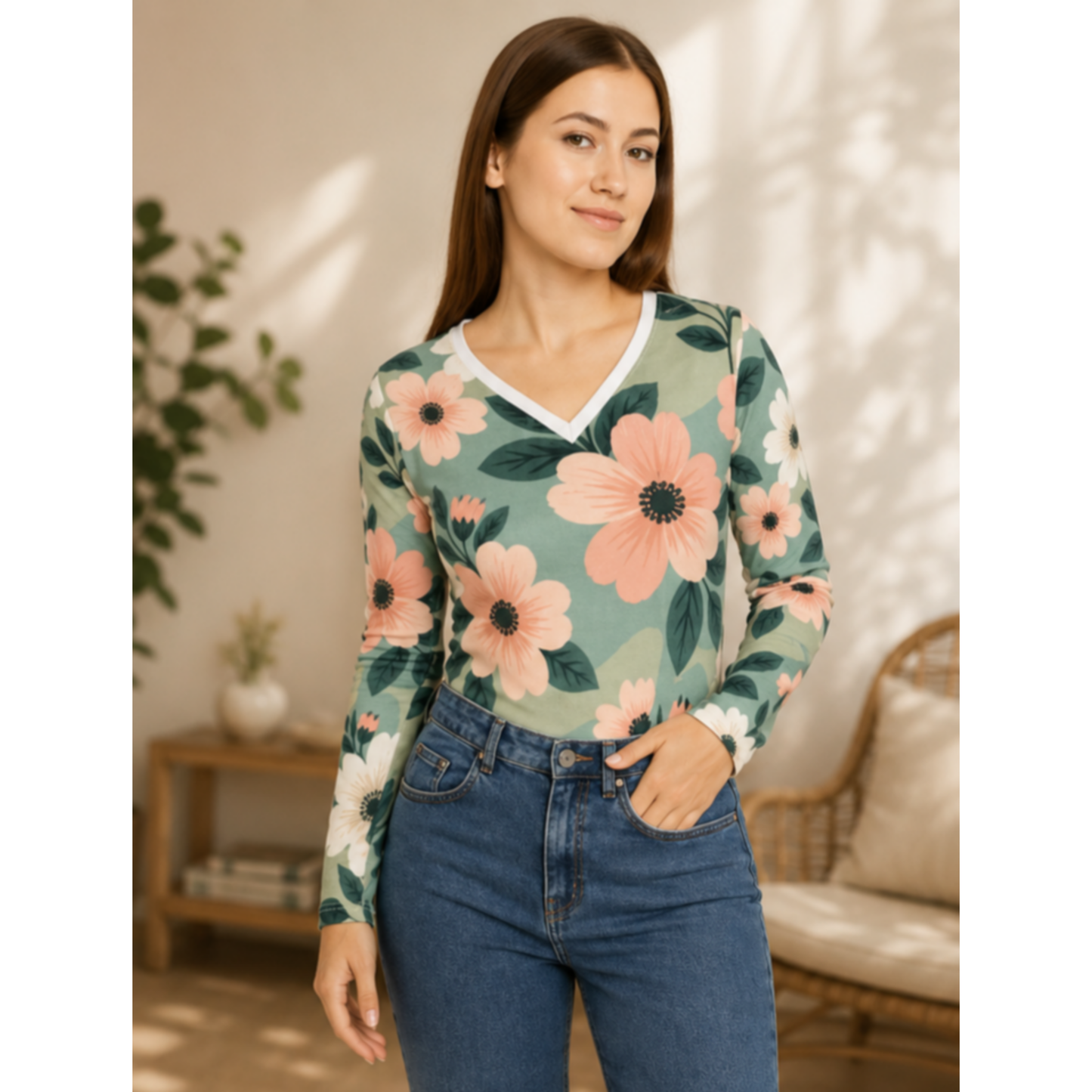 V-neck Shirt, Floral Camo Women's Top, Long Sleeve Blouse, Petal Ops Design, Casual Fashion Apparel