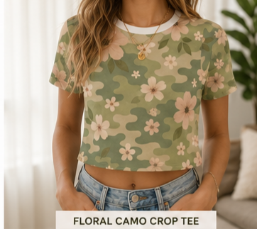 Floral Camo Crop Tee — Green Camouflage with Soft Pink Flowers, Women's Casual Summer Top
