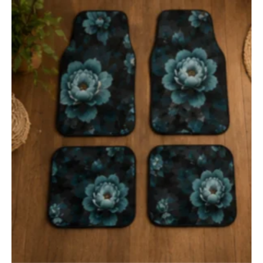 Floral Teal Peony Car Mats (Set of 4) - Decorative Non-Slip Auto Floor Mats