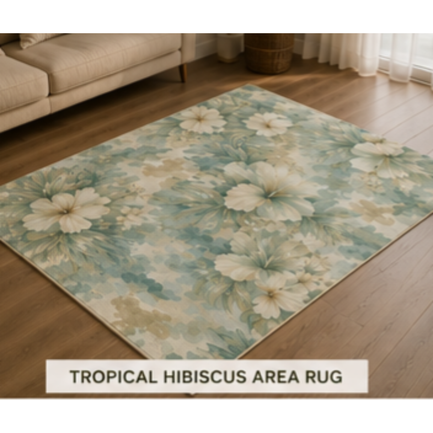 Tropical Hibiscus Area Rug – Soft Teal Floral Accent Rug