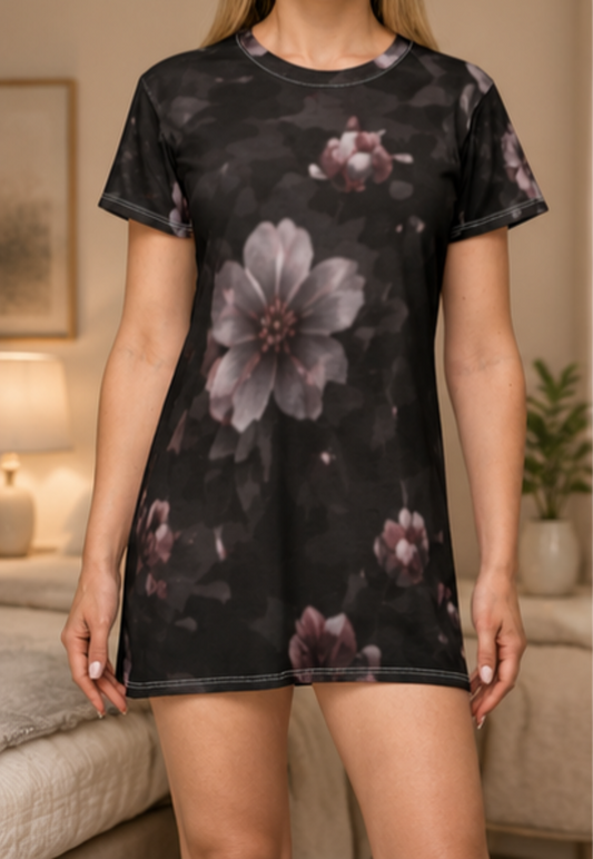 Floral Nighttime T-Shirt Dress – Moody Cherry Blossom All-Over Print