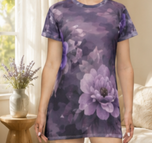 Floral Purple Dahlia T-Shirt Dress — All-Over Print