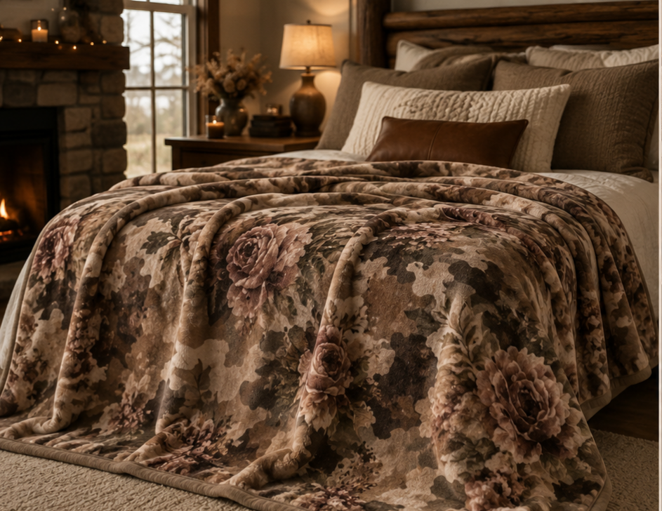 Camo Rose Velveteen Plush Blanket — Soft Floral Camo Throw for Cozy Home Decor