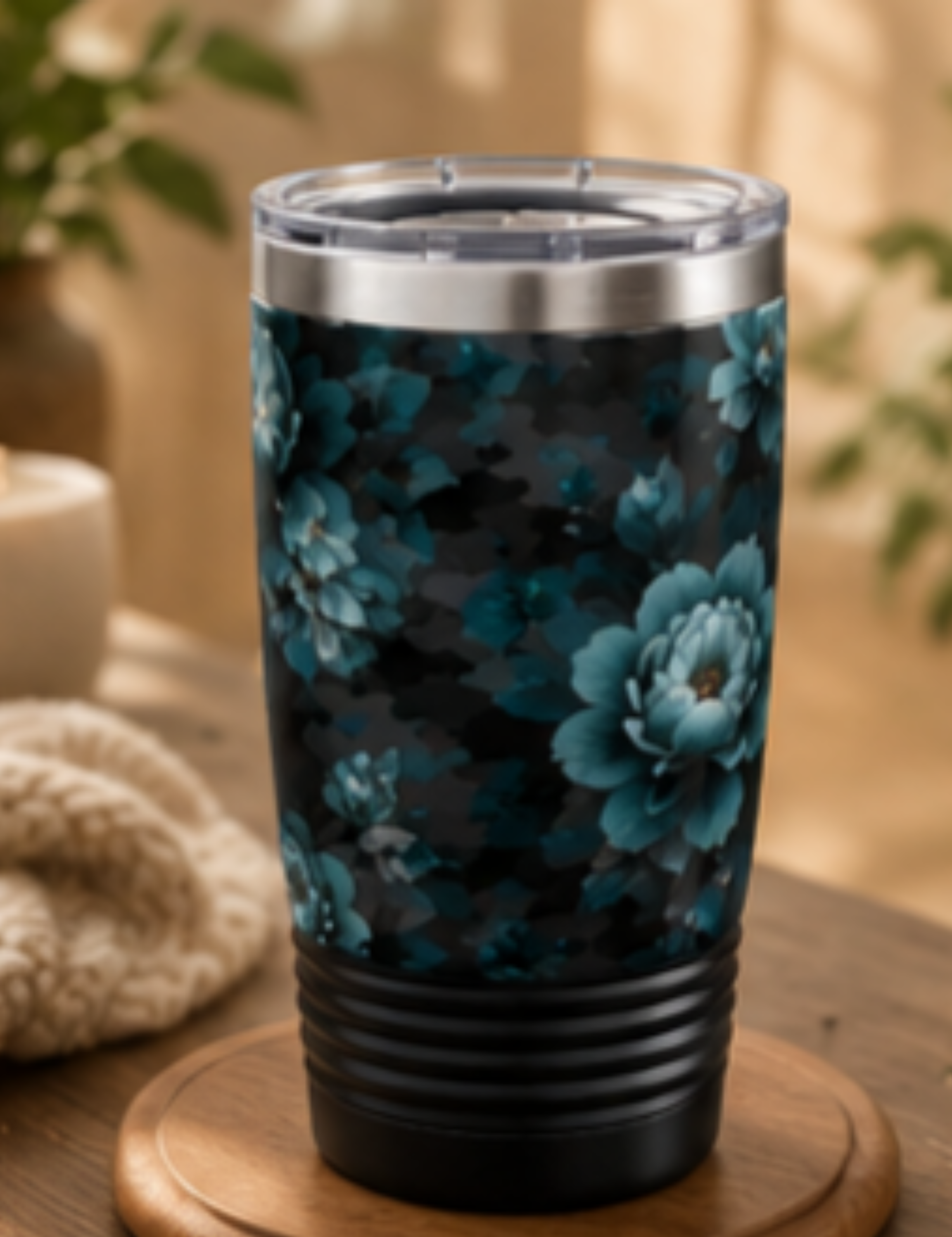 20oz Floral Tumbler – Teal Peony Ringneck Insulated Travel Cup