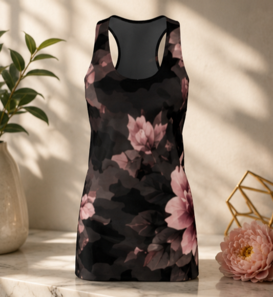 Floral Camouflage Racerback Dress — Pink & Charcoal All-Over Print